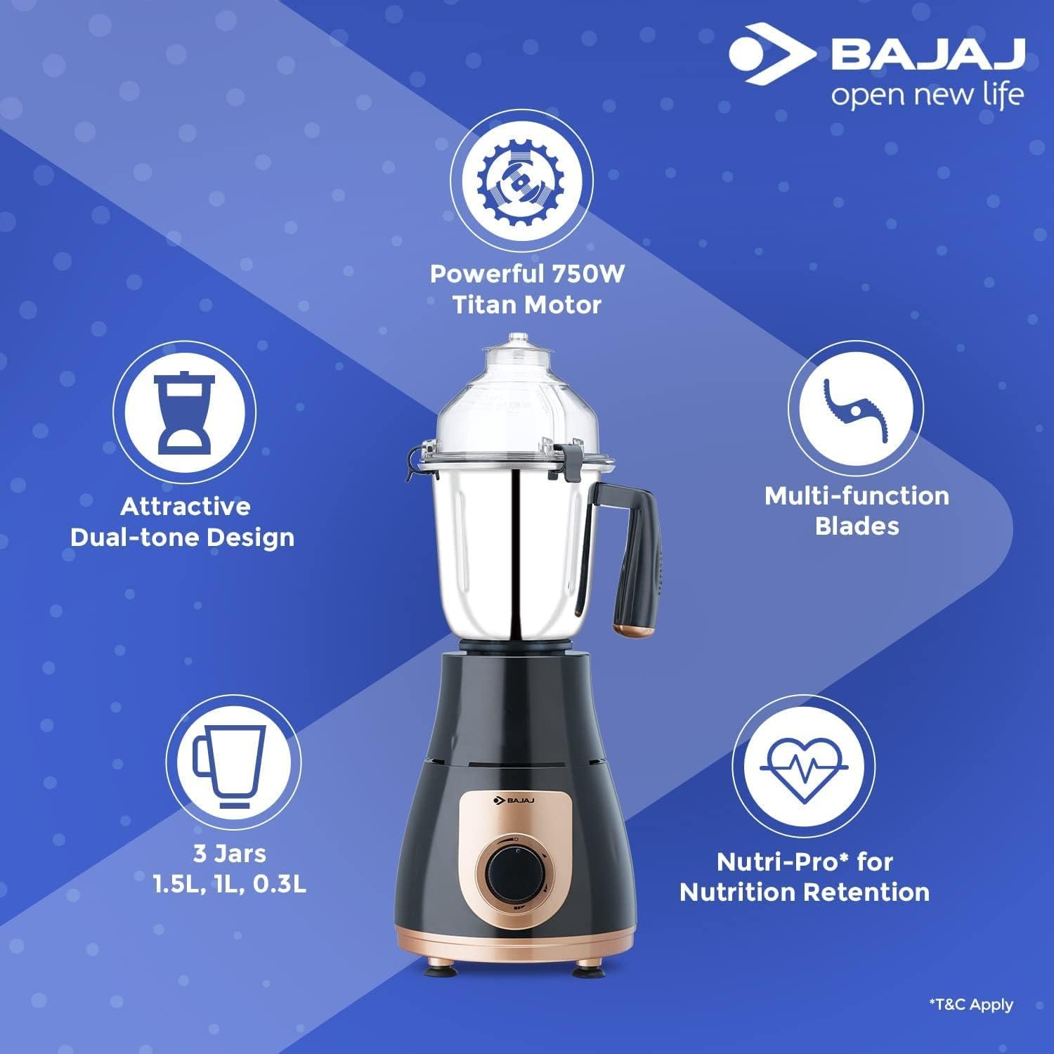 Mixeur-broyeur/extracteur de jus indien GX-3701 750 W avec fonction Nutri-Pro, 3 bocaux, noir
