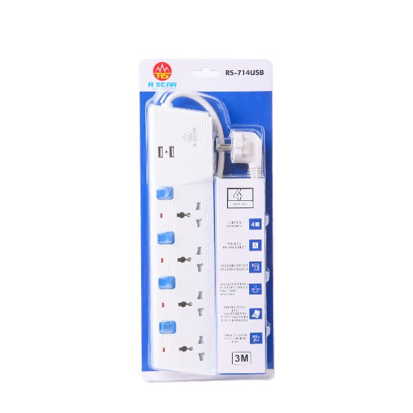 R SCARS-714USB - 4-outlet power strip (3 m) with 2 USB charging ports